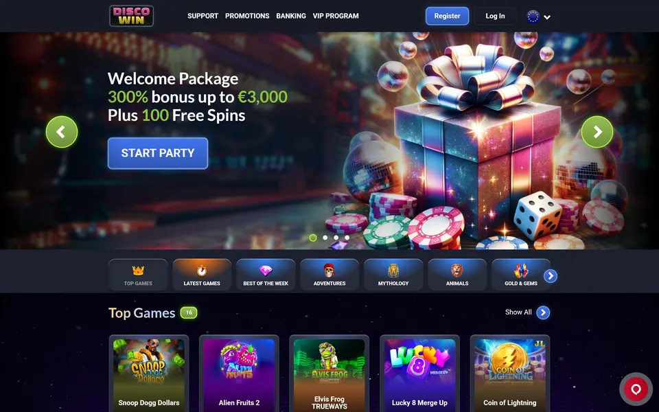 Disco Win homepage at www.discowin.com: the Disco Win logo, its menu, the game categories and the Top Games row