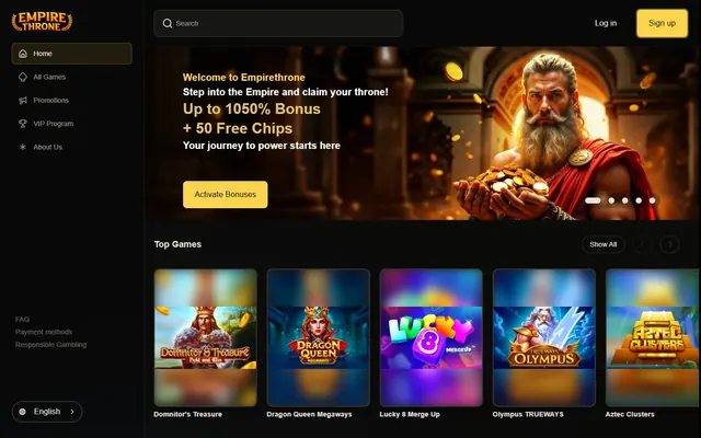 Empire Throne games lobby: the Top Games row