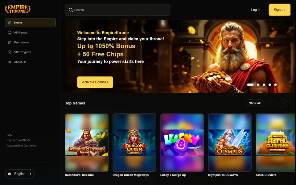 Empire Throne games lobby: the Top Games row