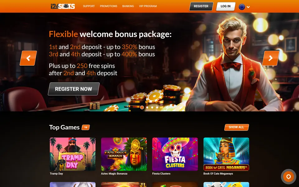 i24Slots homepage: the orange header with its logo and menu, a promotional slide and the Top Games row