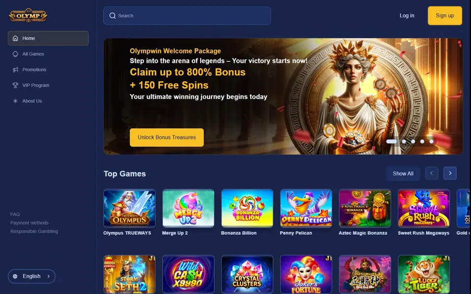 Olymp Win games lobby: two rows of Top Games tiles