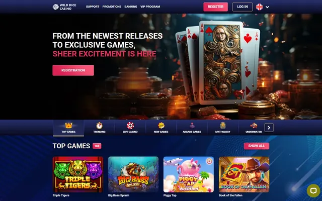 Wild Dice games lobby: the category bar and the Top Games row