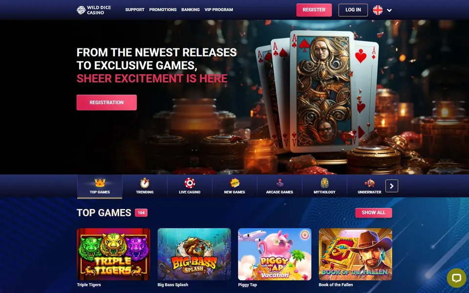 Wild Dice games lobby: the category bar and the Top Games row