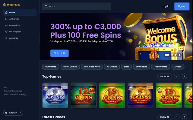 Winthere games lobby: the category buttons and the Top Games row of Coins slots