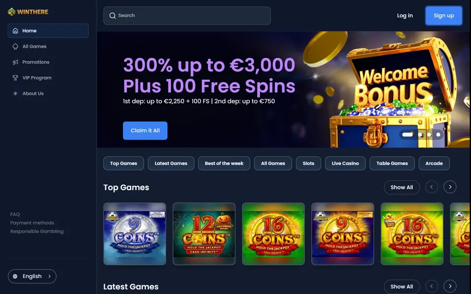 Winthere games lobby: the category buttons and the Top Games row of Coins slots